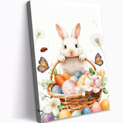Easter Bunny with Eggs Canvas Wall Art, Spring Flowers Watercolor Picture Prints, Rabbit Painting for Christian Home, Bedroom, Nursery, Living Room Wall Decor, Ready to Hang 12×18 Inches