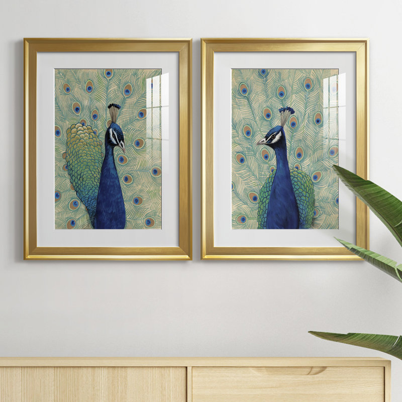 «Blue Peacock I», reproduction encadrée de qualité supérieure - prête à être accrochée, Cadre doré