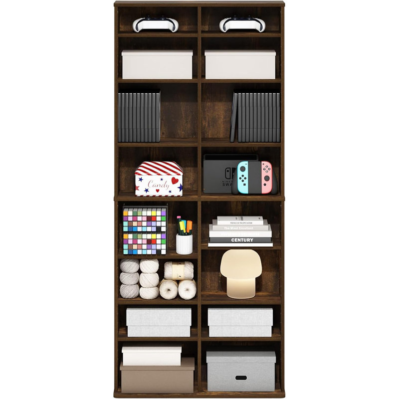 16-Shelf Multimedia Media Storage Tower Rack with Adjustable Shelves, Amber Pine