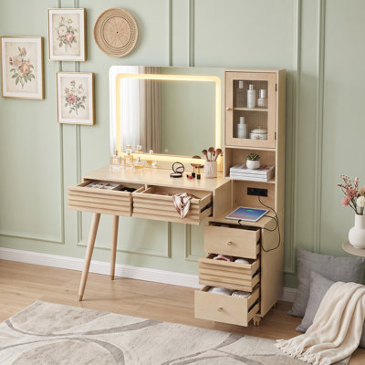 Bureau de maquillage avec miroir à DEL, 5 tiroirs, armoire de rangement en verre cannelé, tablettes et station de charge intégrée