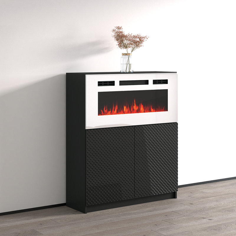 Buffet 40 po avec foyer électrique, finition brillante, Noir / blanc