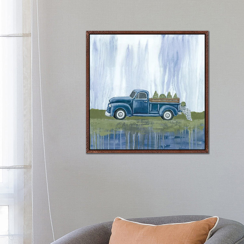 Blue Garden Truck by Sara Baker - Painting on Canvas, 66.04 cm H x 66.04 cm W, Brown Floater Frame