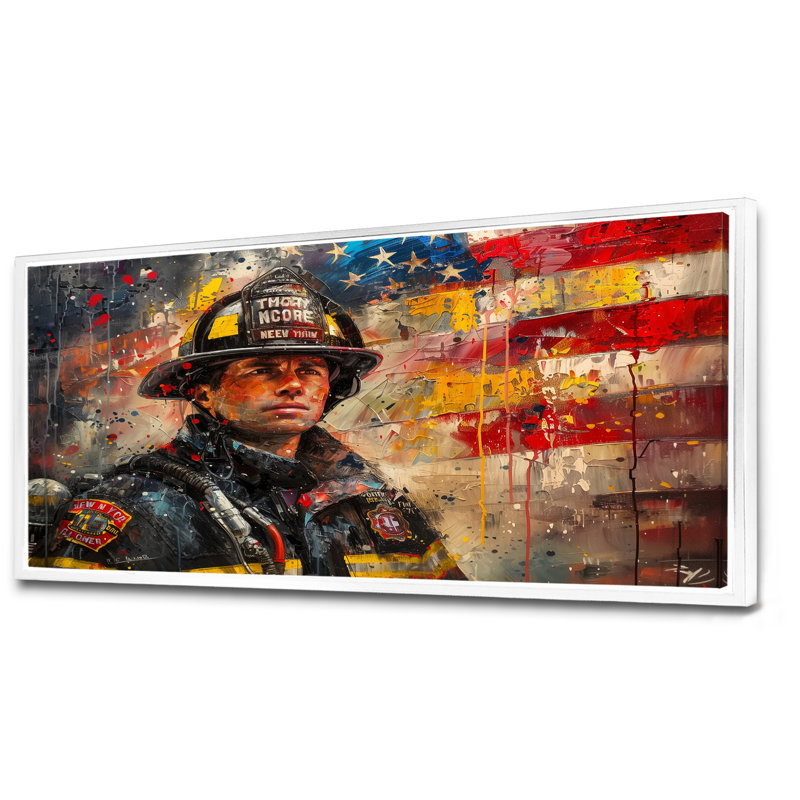 «Patriot Firefighter Hero I - Fireman Wall Art Living Room», Toile encadrée flottée blanche, H 28 po x l 60 po x P 1,5 po