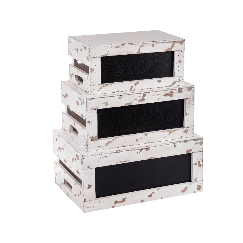 TableCraft Rustic Distressed White Wood Crates with Chalkboard Panels, Set of 3