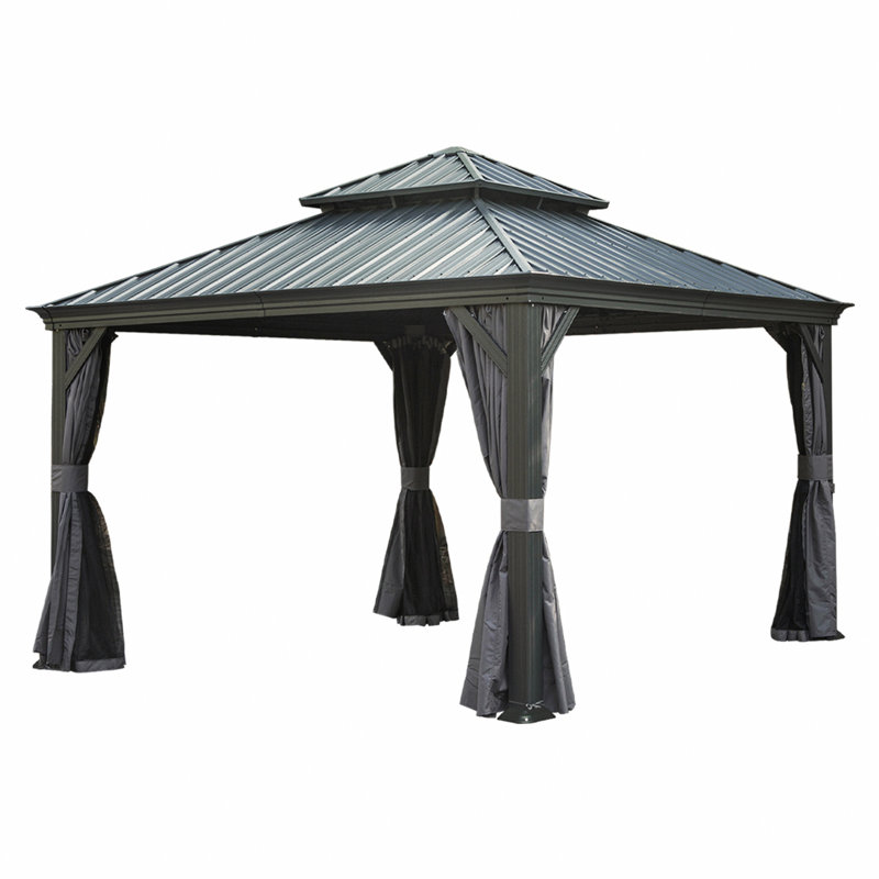 Abri de jardin avec toit rigide 12 x 12 po, abri de jardin en aluminium avec double toit en acier, abri de jardin permanent avec système de drainage, rideau et filet