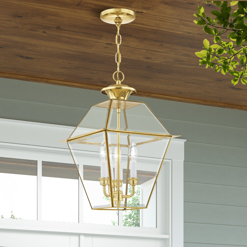 Amiree Outdoor Hanging Lantern, 18.5" H x 12" W x 12" D, Polished Brass