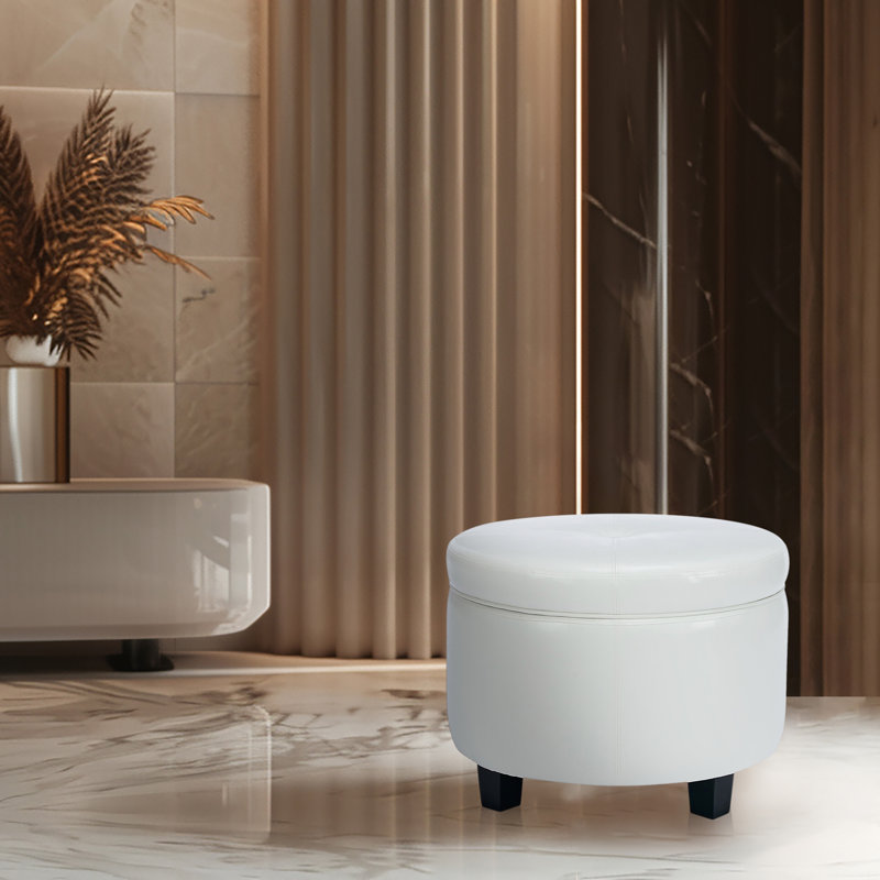 Lecuyer Faux Leather Storage Ottoman with Rubberwood Legs, White