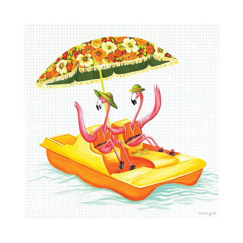 Flamingos Pedal Boat by Amélie Legault - Painting on Canvas, Wrapped Canvas, 66.04cm H x 66.04cm W x 3.81cm D