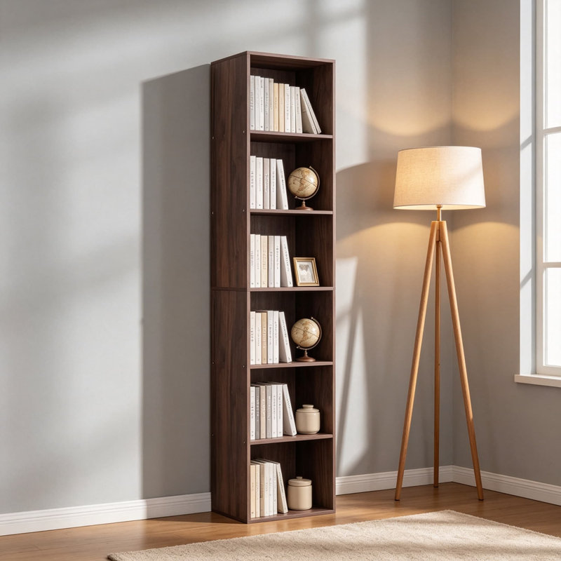 Bibliothèque cubique en noyer à 6 compartiments avec fond fermé, tablette haute idéale pour la maison, le bureau, la chambre ou le salon. Construction robuste en MDF et panneaux de particules mélaminés (MFC), système anti-basculement, montage facile, gestion des câbles, rangement moderne et minimaliste.