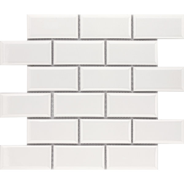 CC Mosaic 2" x 4" Beveled Brick Porcelain Tile – Glossy Waterproof Mesh-Backed Mosaic for Backsplash, Bathroom & Shower Wall
