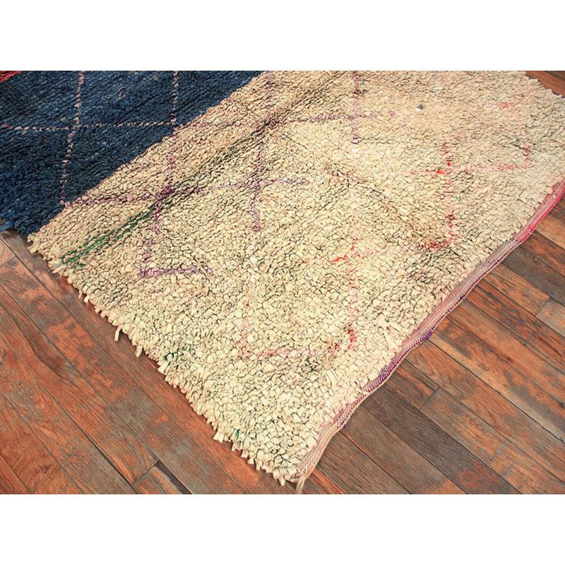 Allover Geometric Hand Knotted Pile Wool 1940s Multicolor Jewel Tones Boucherouitte Antique Rug