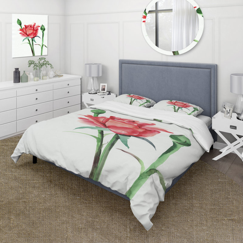 Rose rouge avec boutons - Ensemble de housse de couette traditionnel - Microfibre de polyester