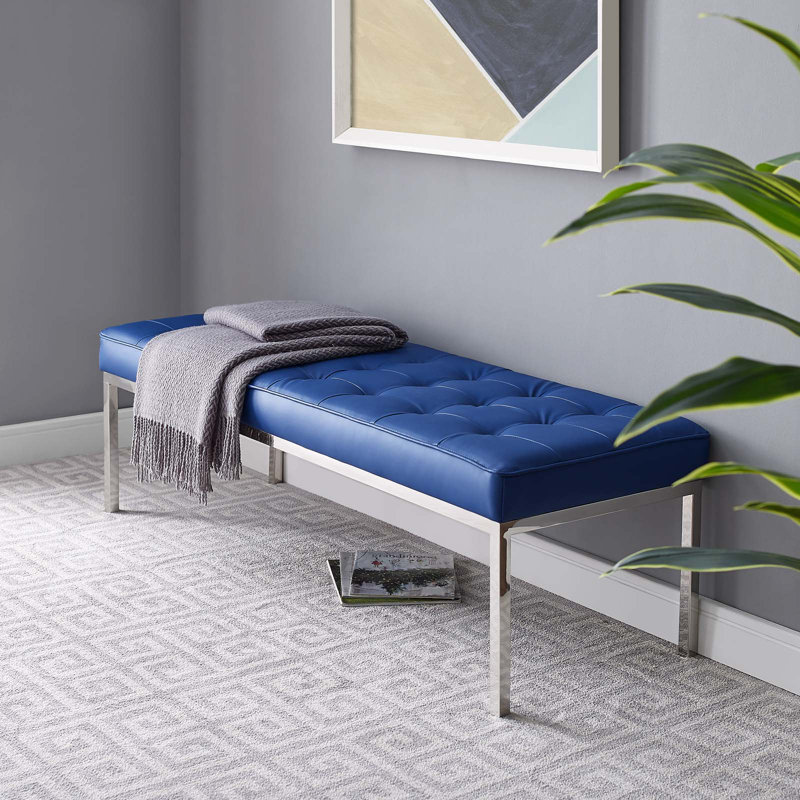 Loft Tufted Vegan Leather Bench by Modway, Navy, 17.5" H x 55.5" W x 20" D