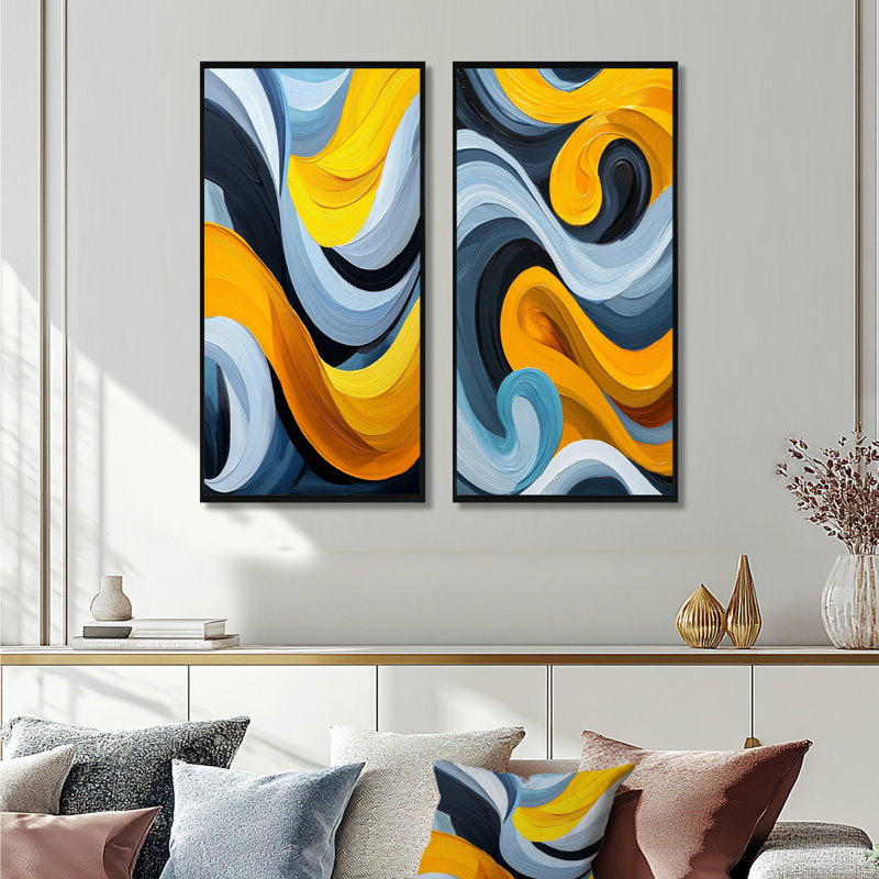 Bleu et jaune, lignes de vapeur océaniques I - Collection d'art mural abstrait 2 pièces, Cadre flottant noir