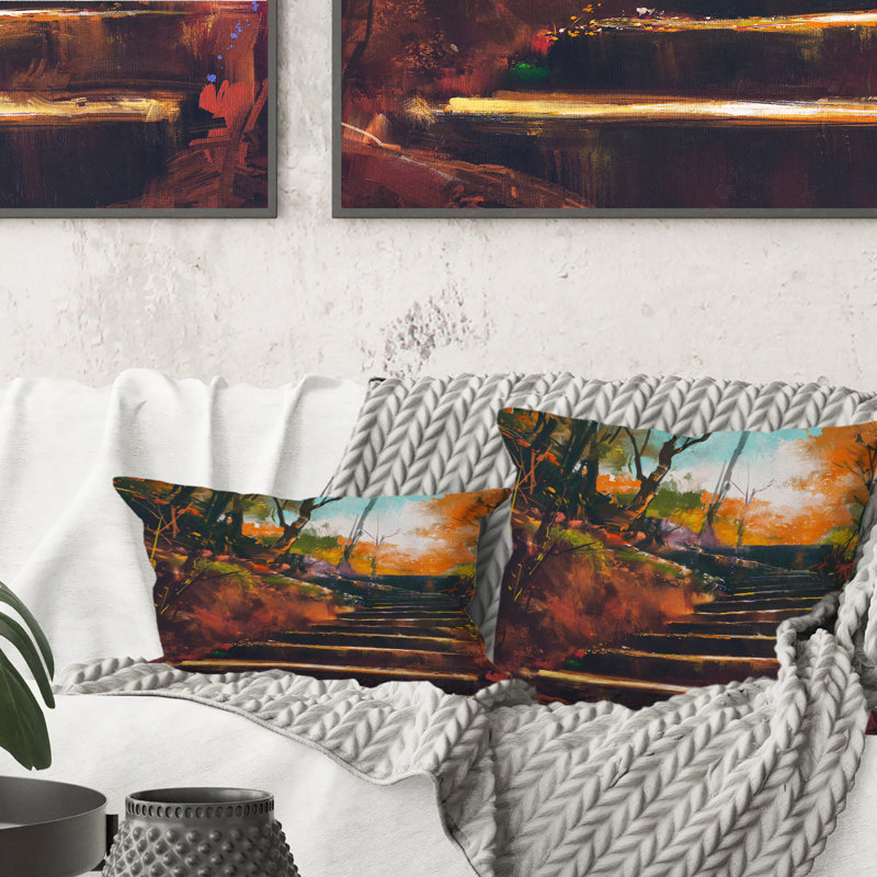 Escalier en pierre dans la forêt d'automne - Coussin décoratif à imprimé traditionnel, 18 po x 18 po