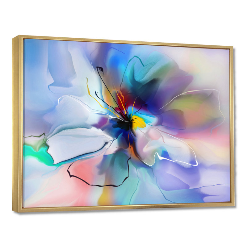 Fleur abstraite, création et impression bleue, H 30 po x l 40 po, Cadre flottant doré