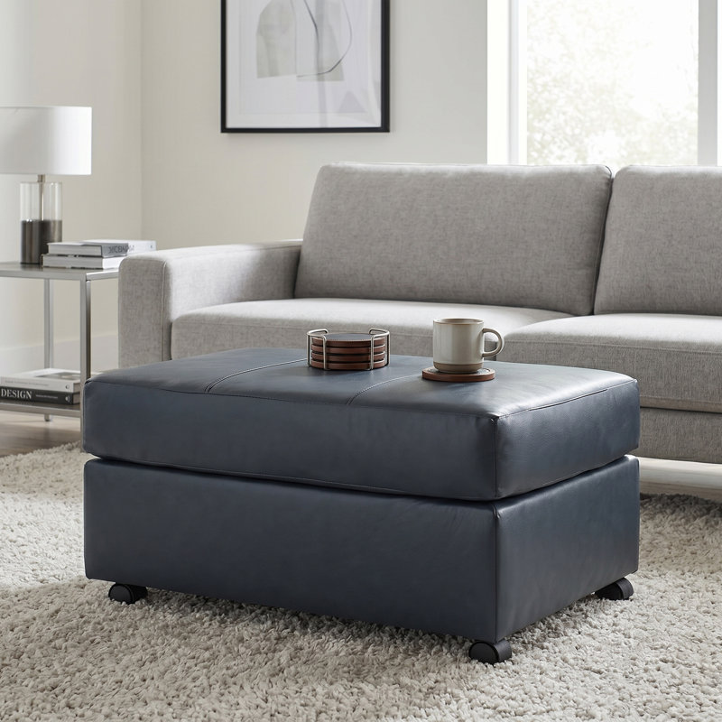 Latitude Run® Caro Leather Upholstered Ottoman, Blue