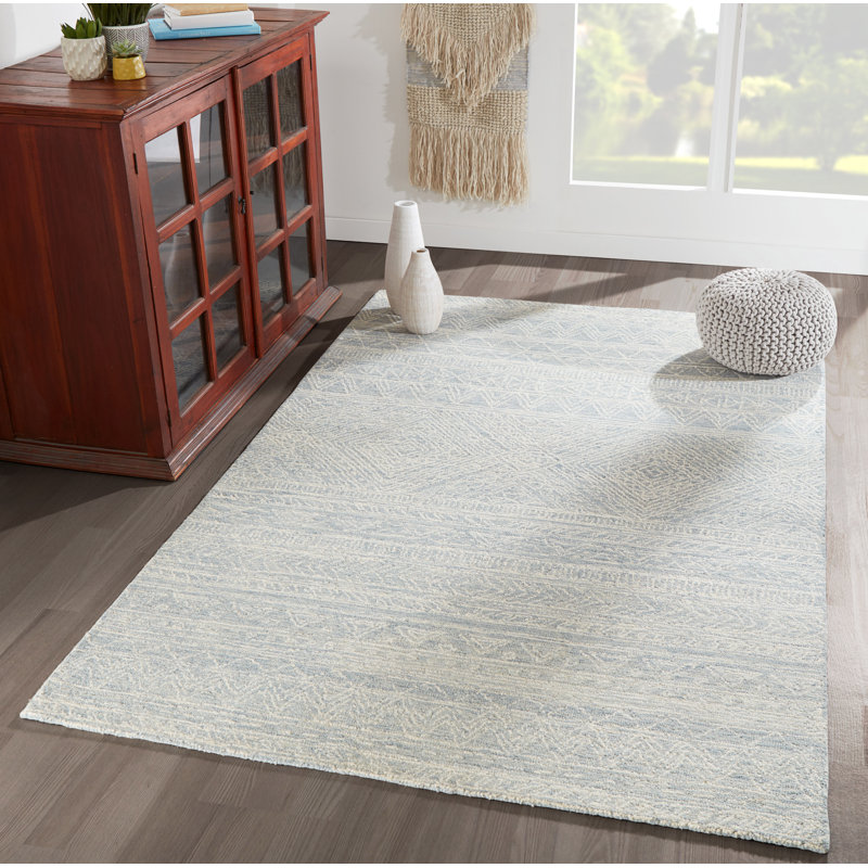 Tapis ivoire / bleu clair en laine bouclé / crocheté à la main Adhley, Rectangle 5 pi x 8 pi