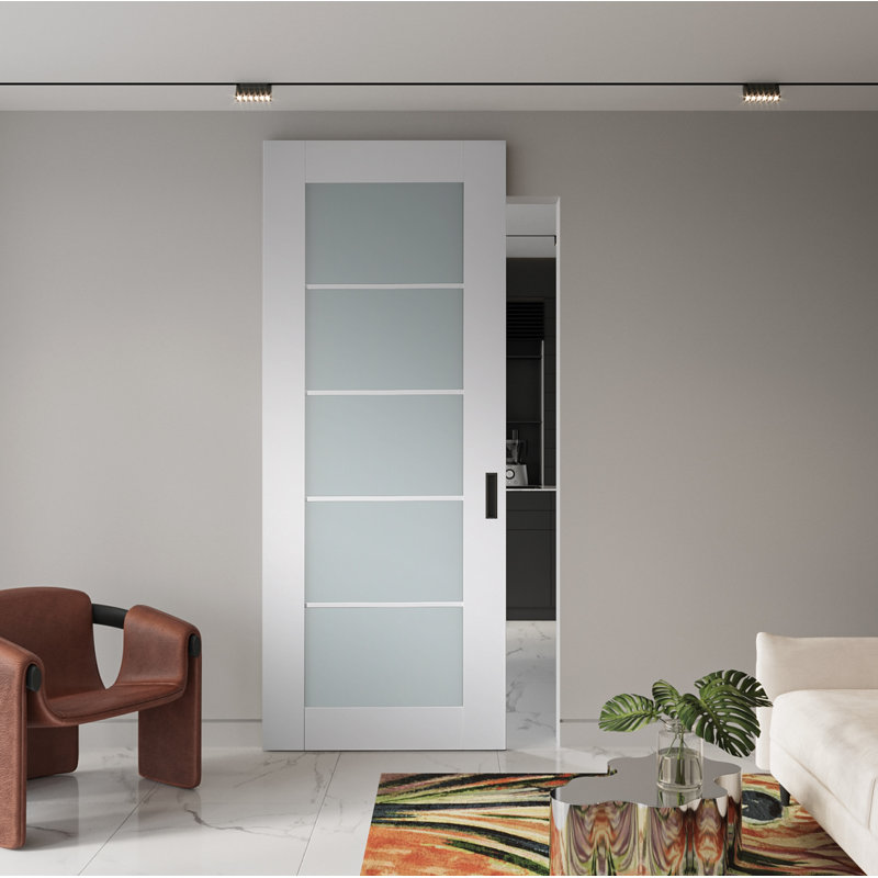 Smart Pro 5 Lite 24"X 96 Polar White Panelled Manufactured Wood And Frosted Glass Solid Core Interior Sliding Barn Door With Base Board With Installation Hardware Kit