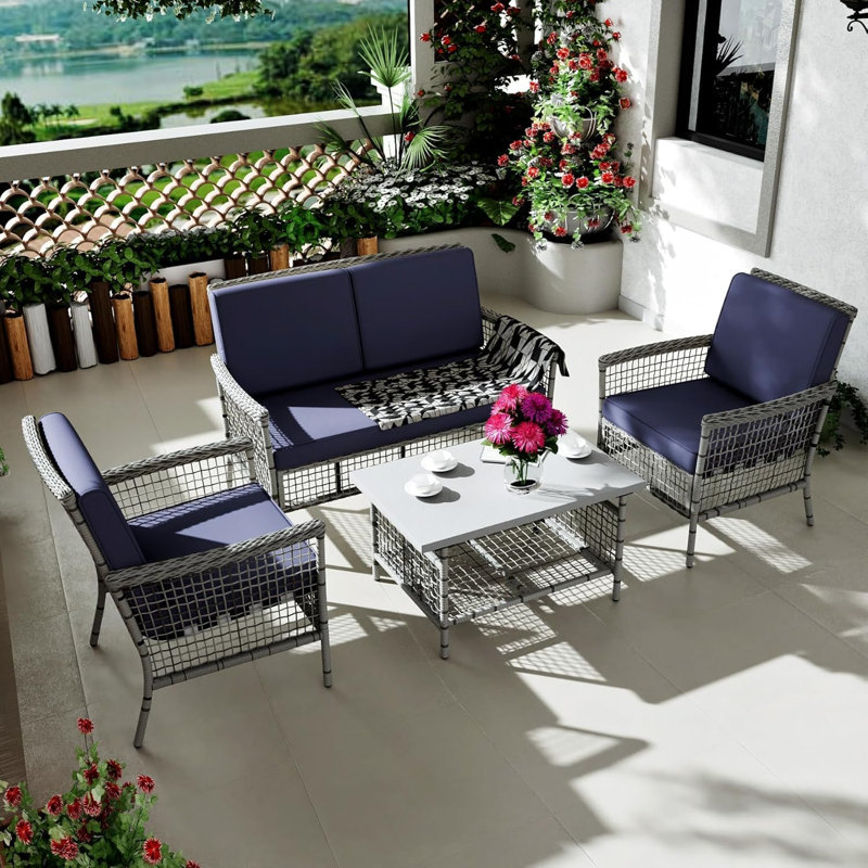 Ensemble de mobilier d'extérieur 4 pièces, chaises en rotin d'osier et canapé avec table d'appoint et coussins