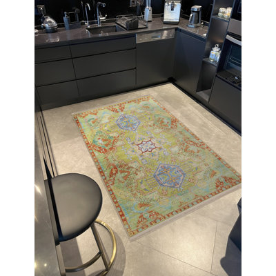 Yellow-Green Themed Multi-Coloured Traditional Motif Ethnic Patterned Fringed Vintage Decorative Rug