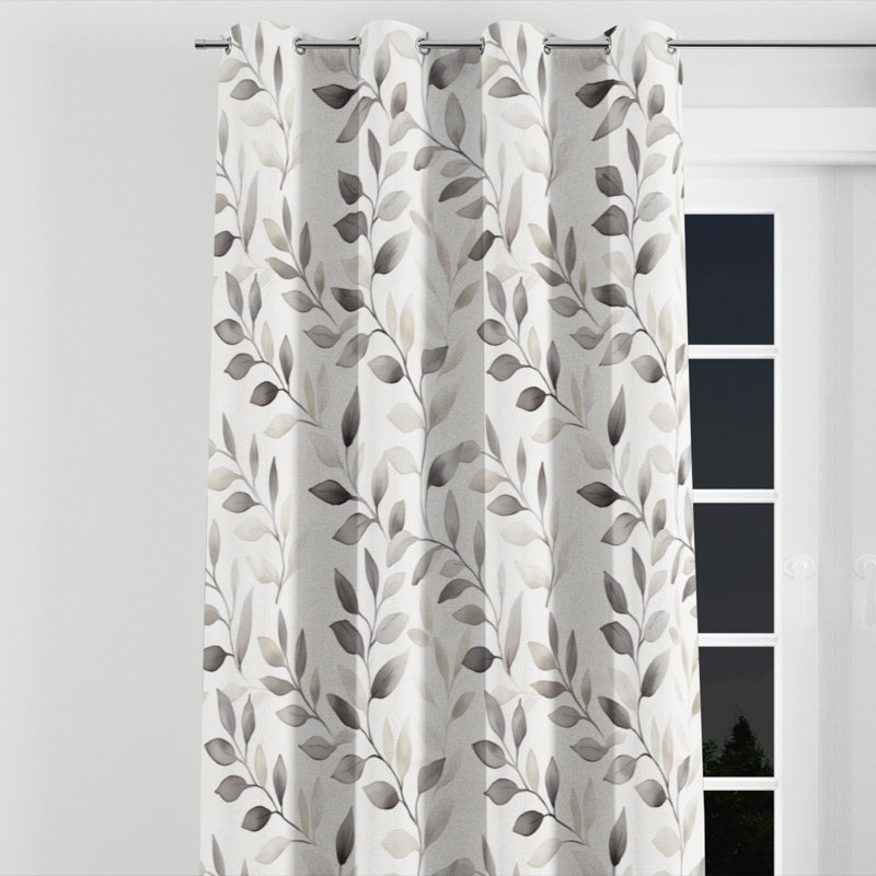Oriental Room Darkening Curtains - Grey Wabi Leaves Velvet Grommet Curtain - 1 Panel, 52" W x 63" L, Silver Grommets