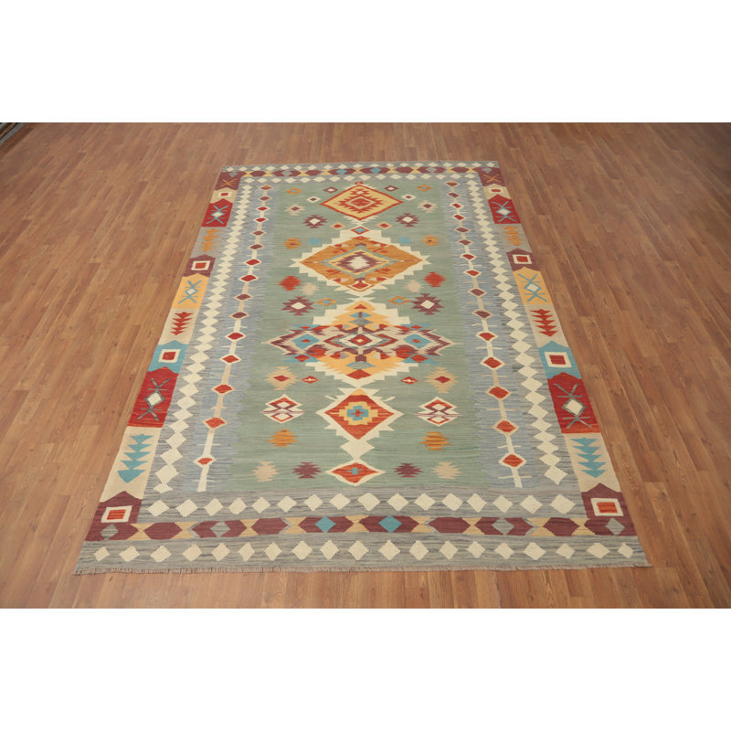 Tapis vert en laine vert tissé à plat 7 x 10