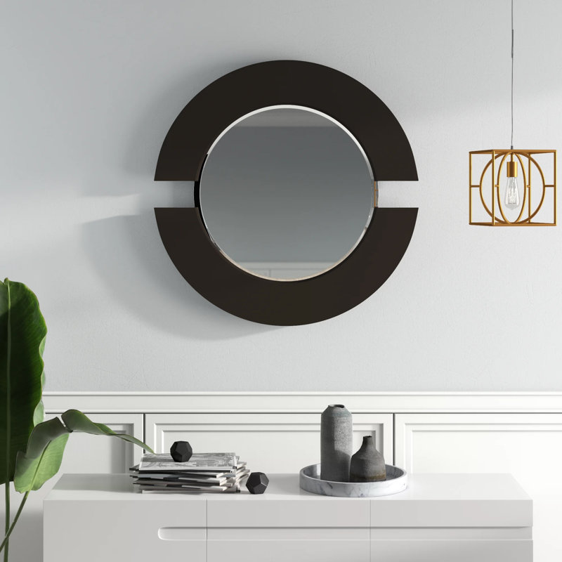 Agatie Round Beveled Wall Mirror with Partial Wood Frame, Matte Black