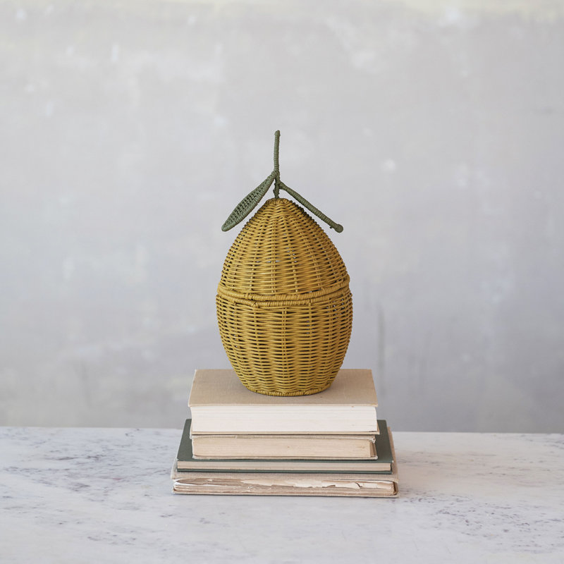 Hand-Woven Rattan Lemon Shaped Basket with Lid