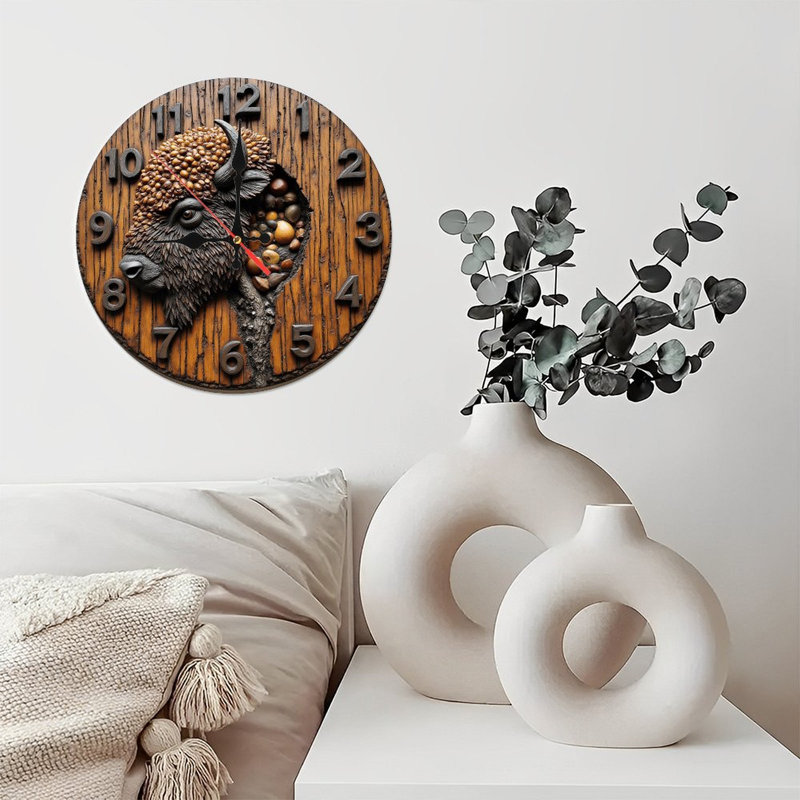 Horloge murale bison en bois rustique