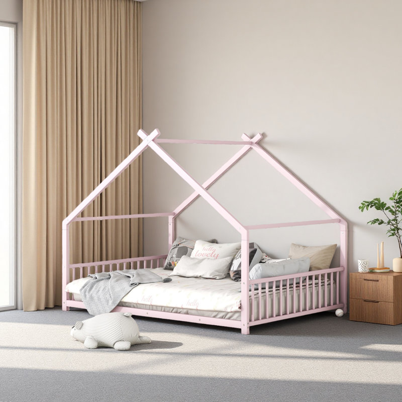 Metal House Bed, Full, Pink