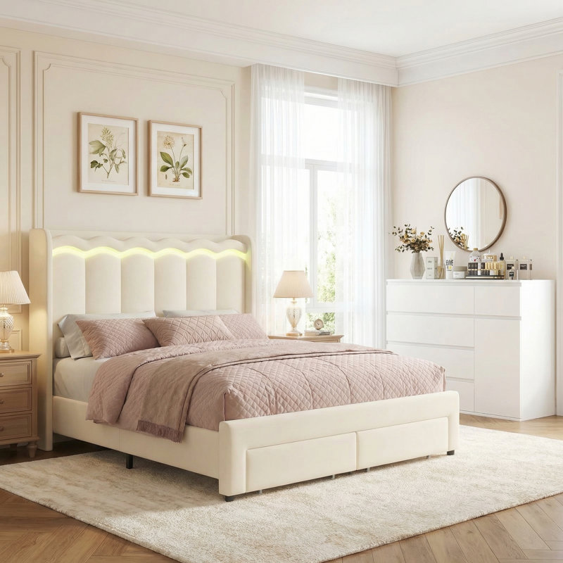 Ensembles de chambre à coucher 2 pièces, lit tapissier à DEL avec usb et 2 tiroirs, commode à 5 tiroirs de l 39,4 po, Beige
