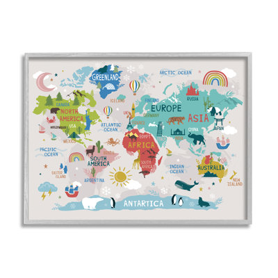 Landmarks & Wildlife Illustration World Map Diagram Chart Gray Farmhouse Rustic Oversized Framed Giclee Texturized Art by Lisa Perry Whitebutton