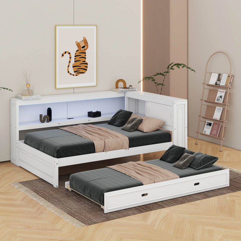 Lit de jour en bois pleine grandeur avec tablettes, DEL et lit gigogne, Blanc
