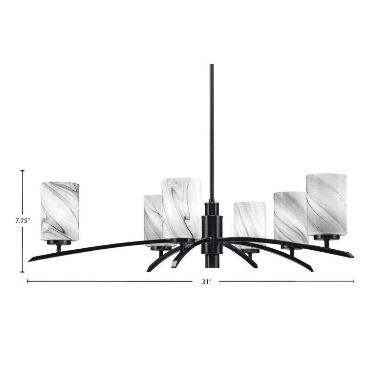 Lustre lumineux avec verre tourbillon onyx 4 po, Noir mat, 6, H 58,25 po x l 31 po x P 31 po
