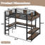 Lit mezzanine entièrement métallique avec bureau en forme de L, bande lumineuse DEL, ports USB, étagères de rangement et tringle à vêtements, noir et brun