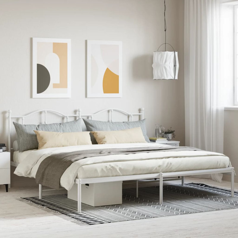 Bralon vidaXL Metal Bed Frame with Headboard & Slats, No Mattress, Easy Assembly, King, White
