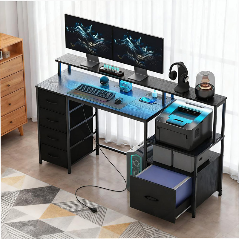 Table d'ordinateur avec classeur et tiroirs en tissu pour la maison et le bureau, Noir patiné