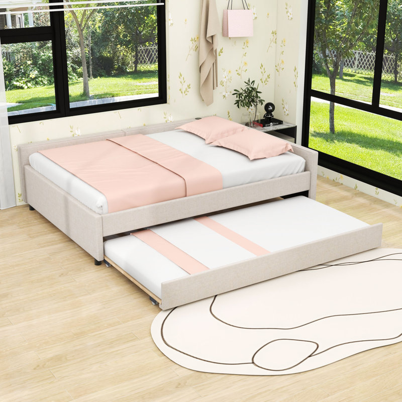 Upholstered Daybed with USB and Twin Trundle, Queen