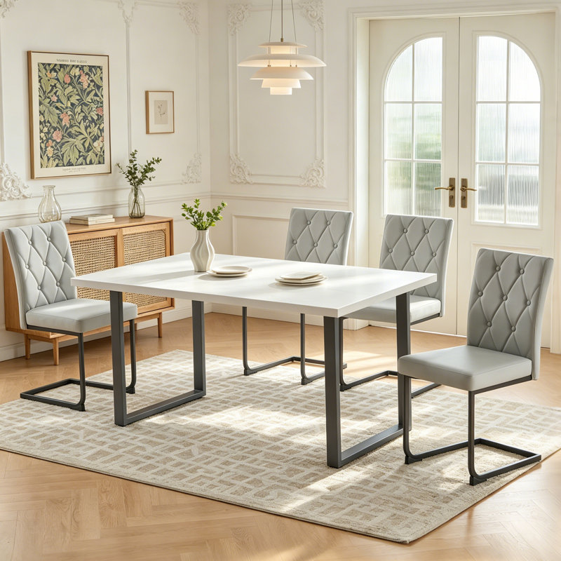 Upholstered Dining Chair with 8.5CM Thick Seat, Grey Faux Leather, 4