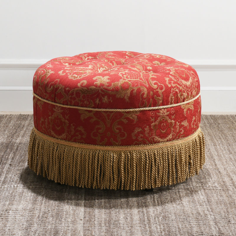 Neptune Upholstered Ottoman, Red Damask Jacquard/Gold Trim
