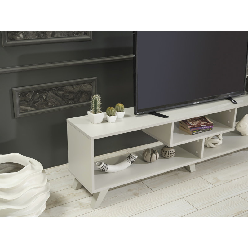 Meuble télé gris avec tablette ouverte, unité de divertissement Mid-Century moderne de 67 pouces, unité