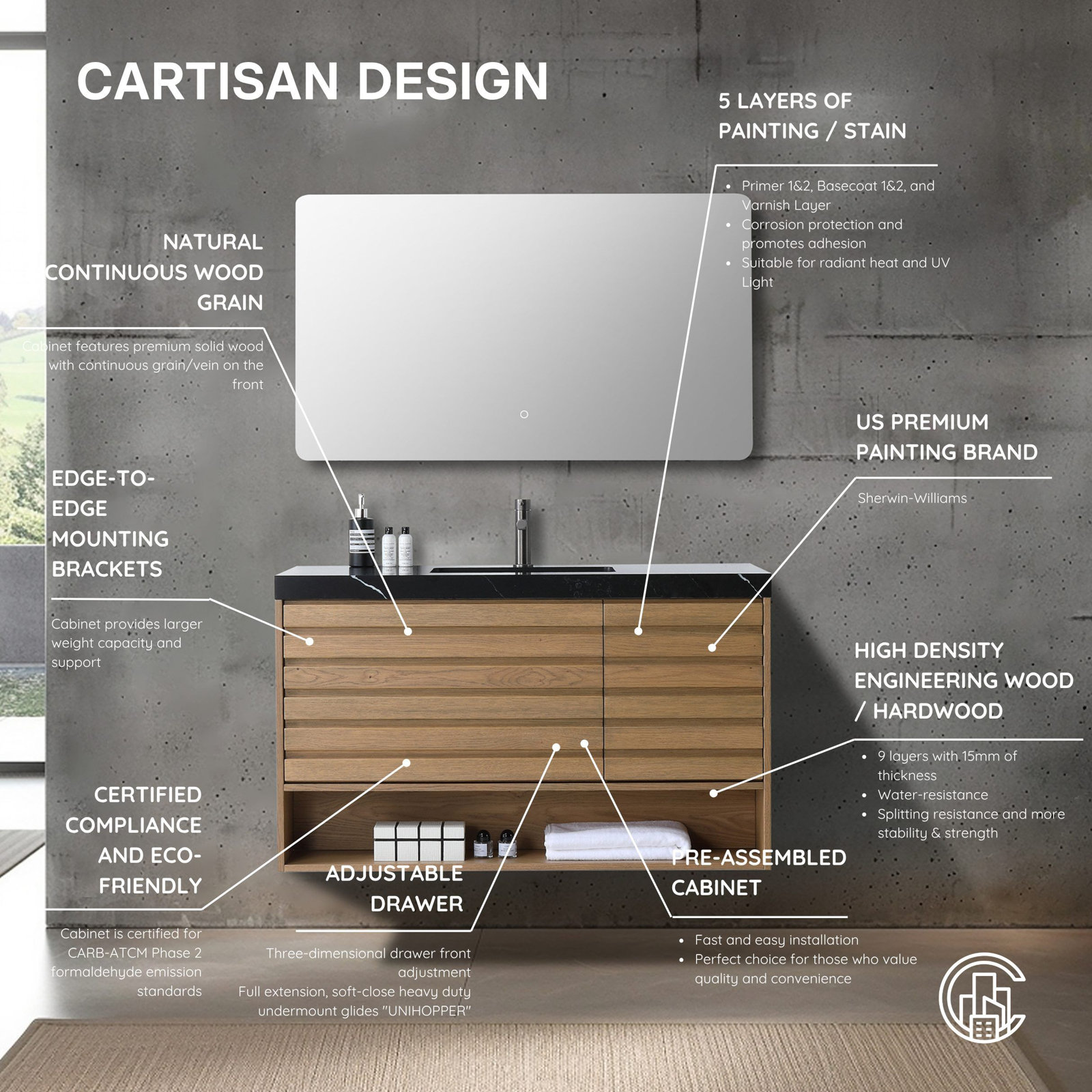 Maumelle 48" Cedar Single Bathroom Vanity, Black, Pecan Oak