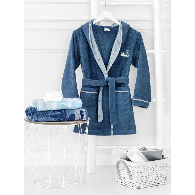 Sea Adventures 100% Cotton Terry Cloth Ankle Bathrobe with Pockets and Hood for Kids, L
