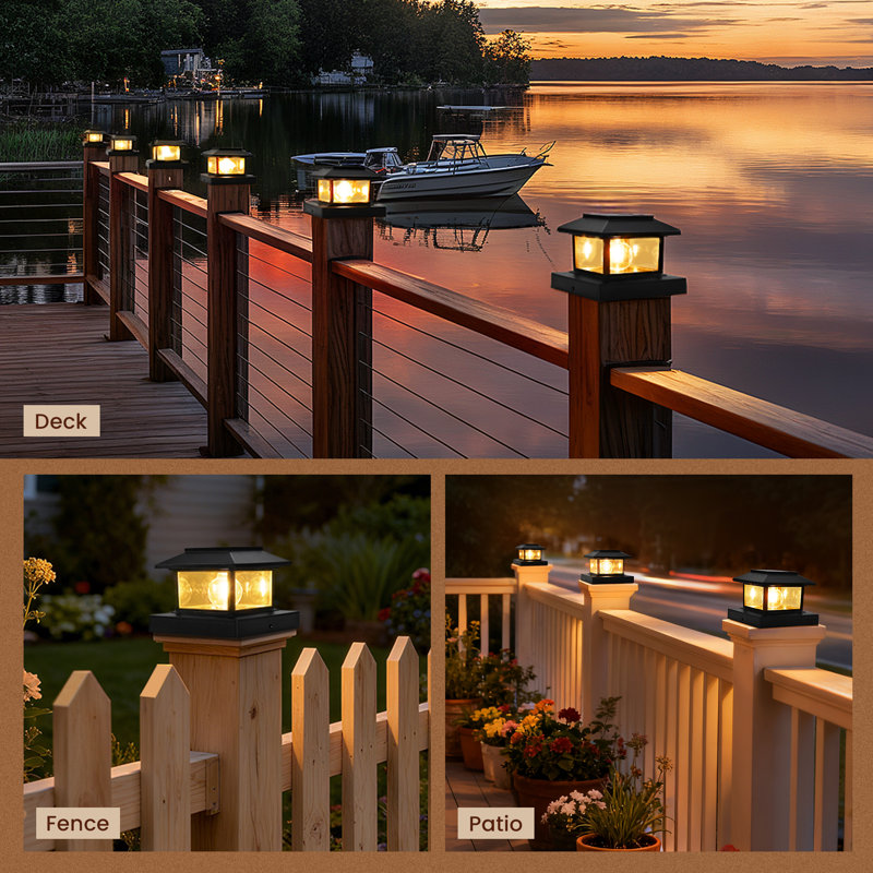 Paquet de 6 lumières de poteau solaire noires pour l'extérieur, lumière chaude avec DEL Edison, convient pour une clôture de 4 x 4, 5 x 5, 6 x 6, lumières solaires de poteau imperméables pour le jardin, la cour, la terrasse et le patio