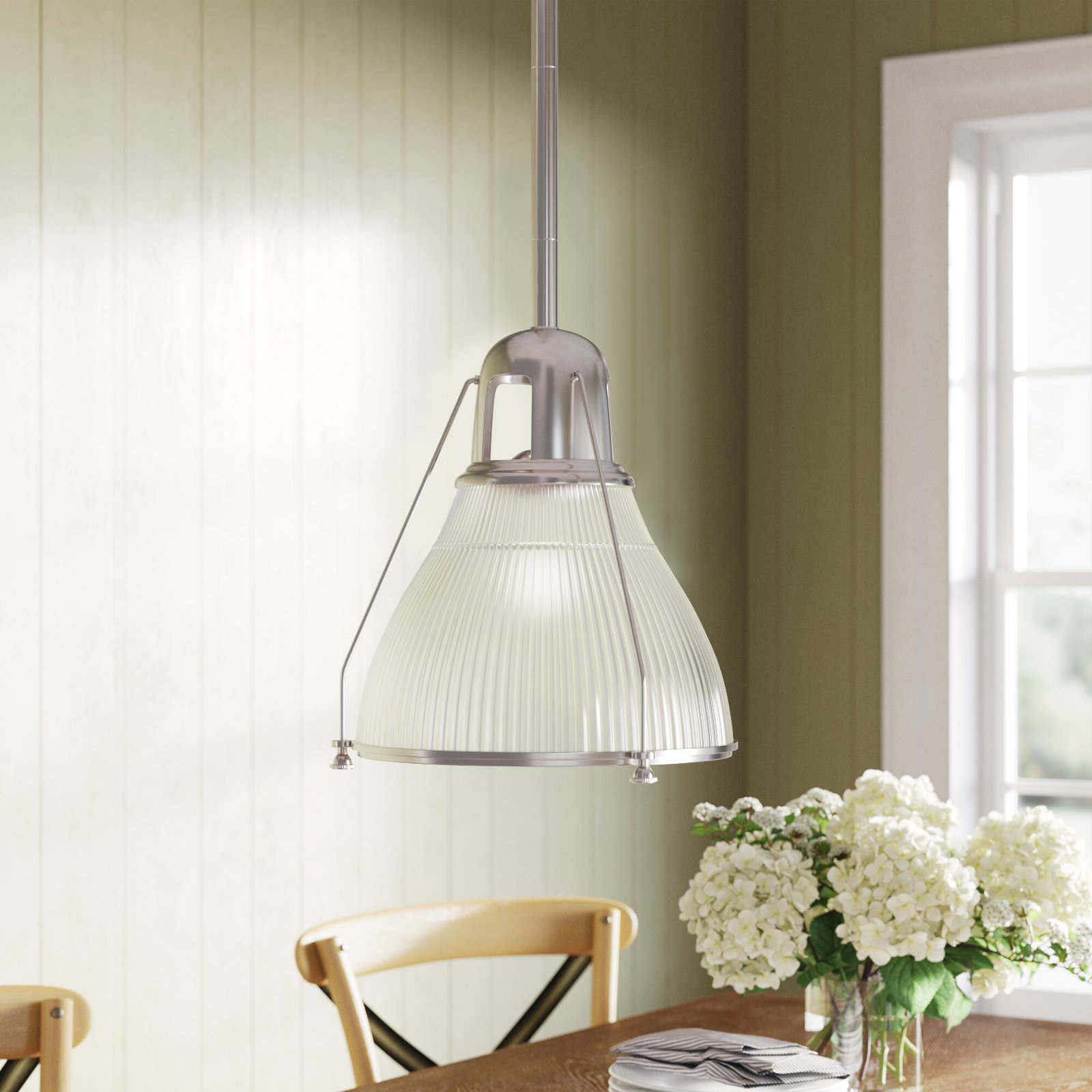Isabelle Single Light Glass Pendant, Satin Nickel, Ribbed