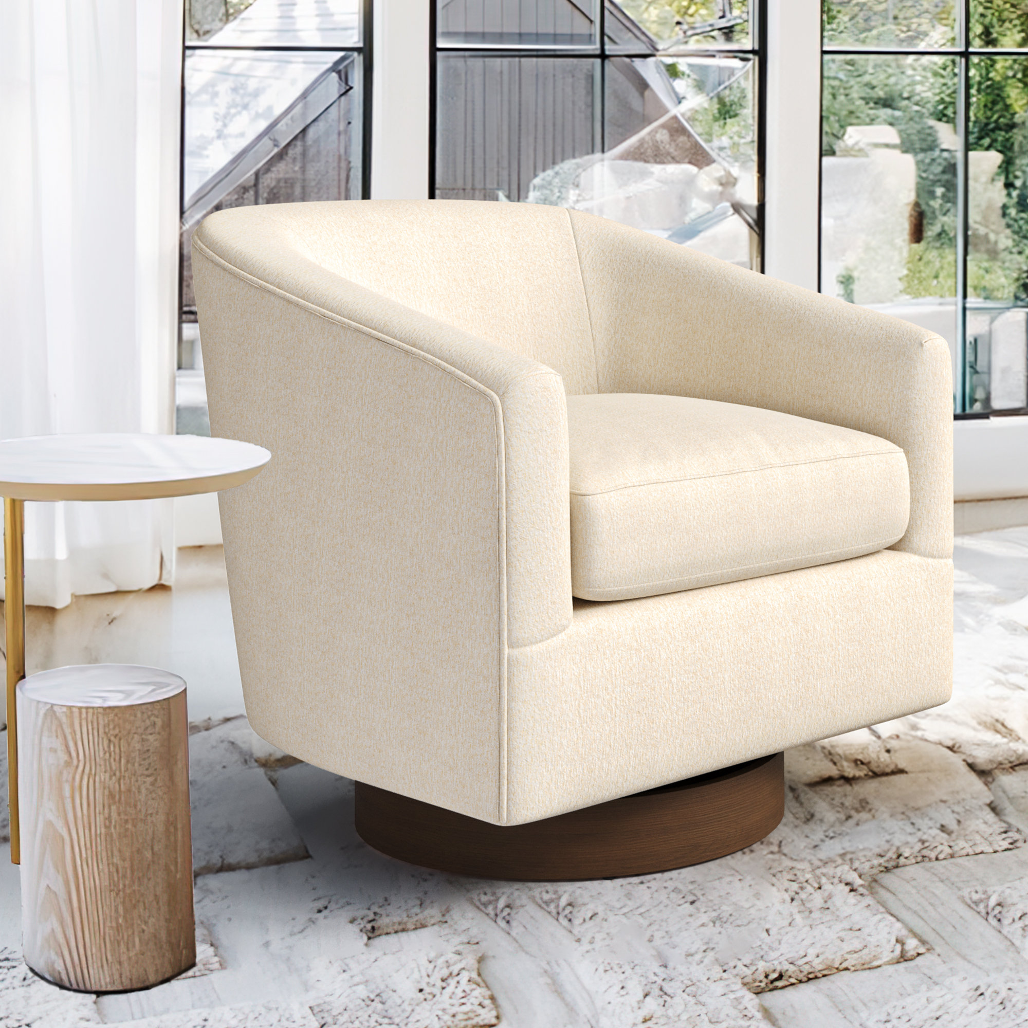 Wade Logan® Forno Upholstered Swivel Barrel Chair With Wood Base ...