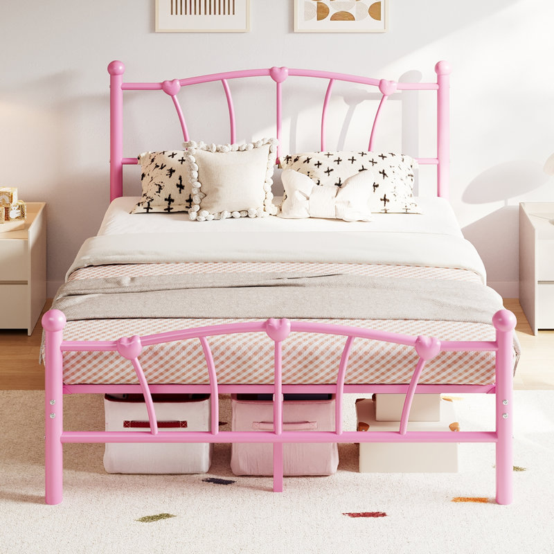 Full Size Charming Heart-Shaped Metal Bed Frame - Sturdy Platform, Noiseless Design, Underbed Storage, No Box Spring Needed - Pink, Full