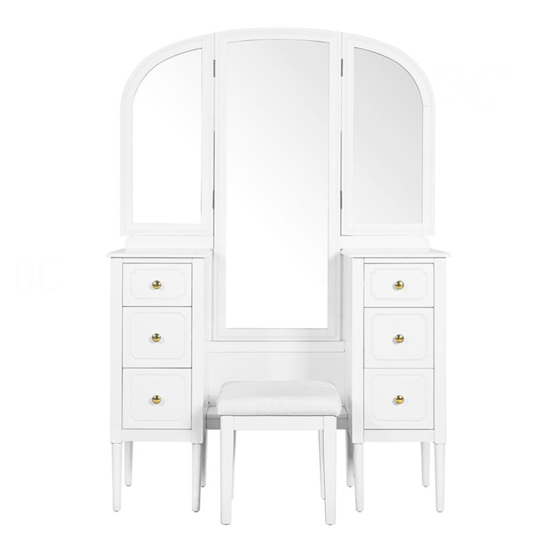 Bureau de coiffeuse antique avec miroir triple, ensemble de coiffeuse à 6 tiroirs avec tabouret, miroir pleine grandeur pour le vestiaire de la chambre à coucher