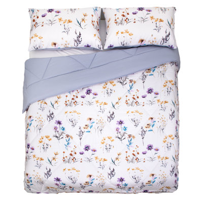 Meadow Reversible Floral Soft Microfiber Comforter Set with Pillow Shams, Queen
